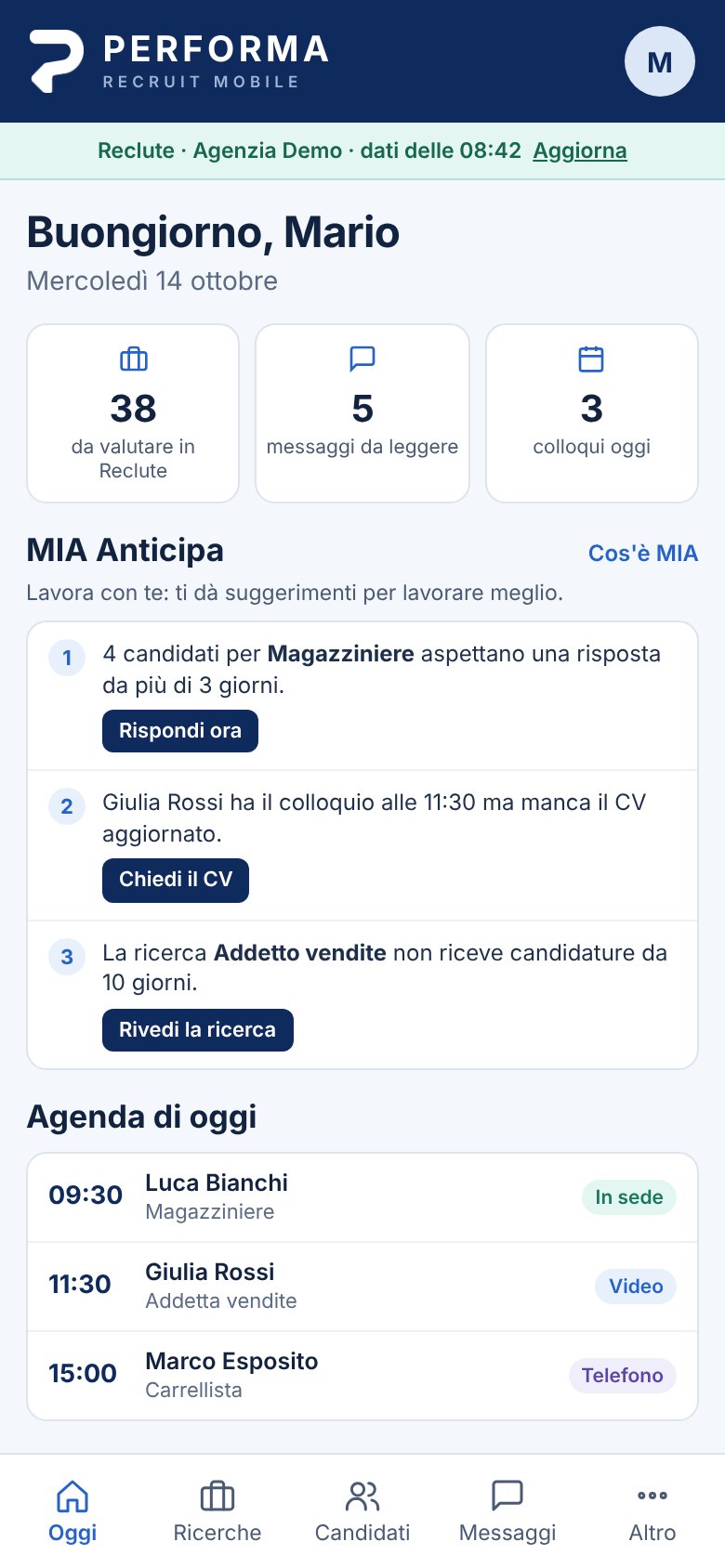 Performa Recruit Mobile: suggerimenti di MIA Anticipa e agenda dei colloqui sullo smartphone del recruiter