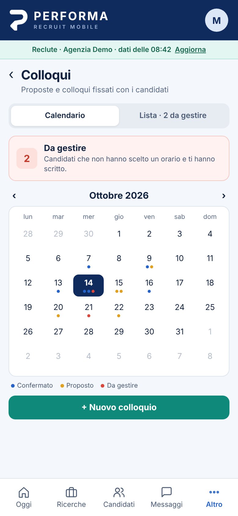 Performa Recruit Mobile: calendario dei colloqui con i candidati