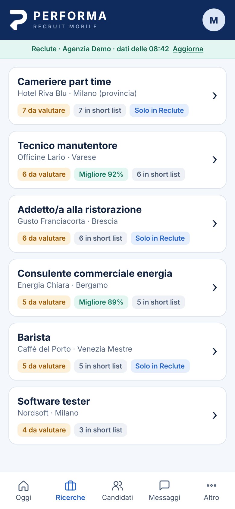 Performa Recruit Mobile: elenco delle ricerche attive con candidati da valutare e short list